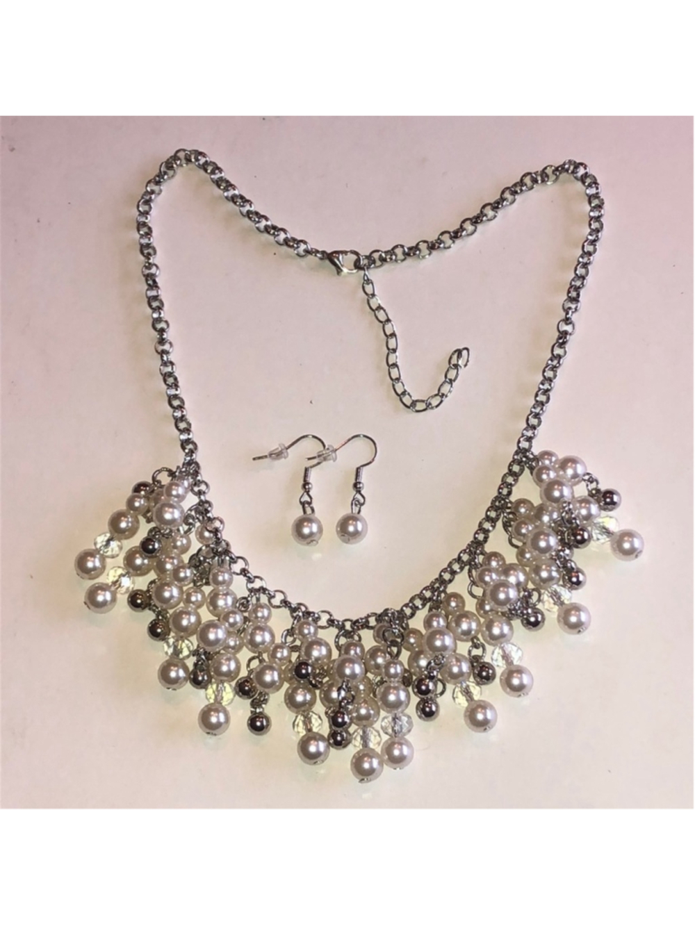 Faux Pearl Cluster Silver Tone Necklace & Earrings Set